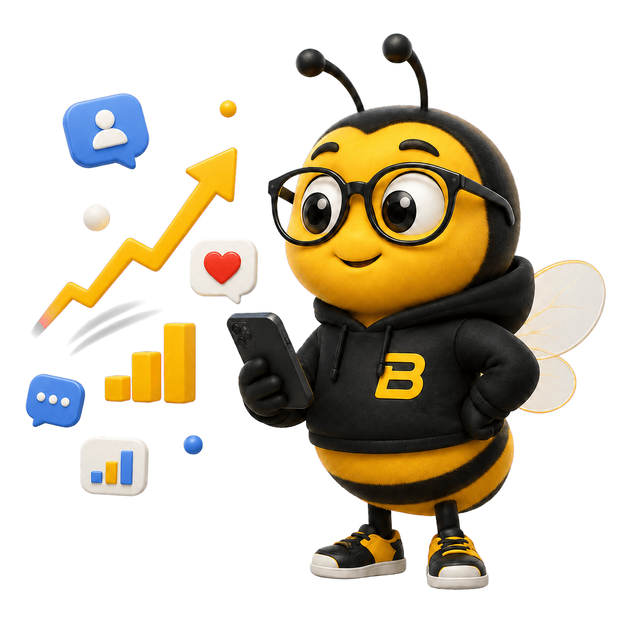 Maskot lebah BUZZARIN memantau pertumbuhan campaign dari ponsel